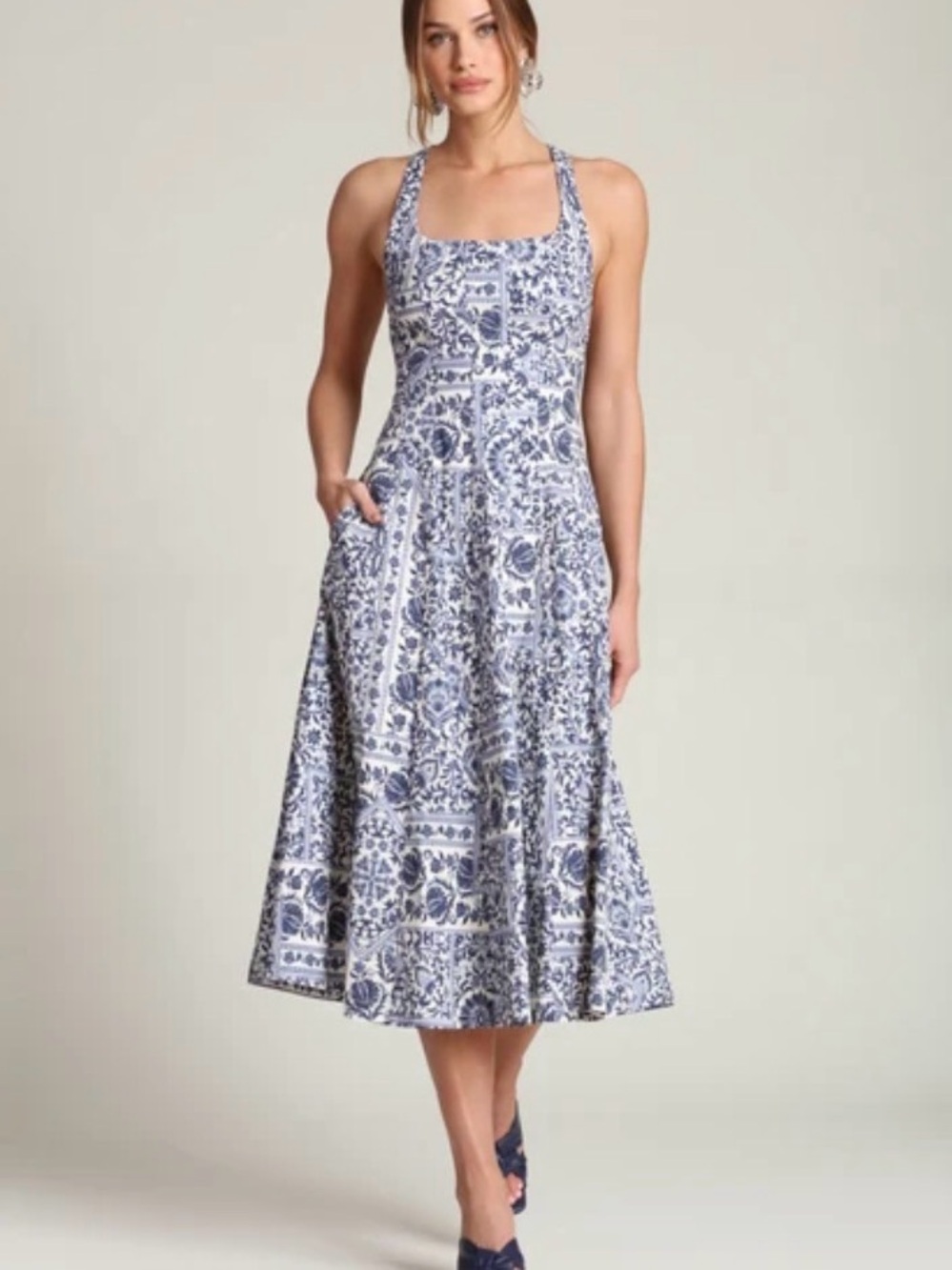 Avec Les Filles Lisbon Tile Racerback Midi Dress Navy White Sz 10